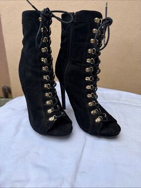 Wild Diva Black Lace-Up Peep Toe Stiletto Booties with Gold Eyelets